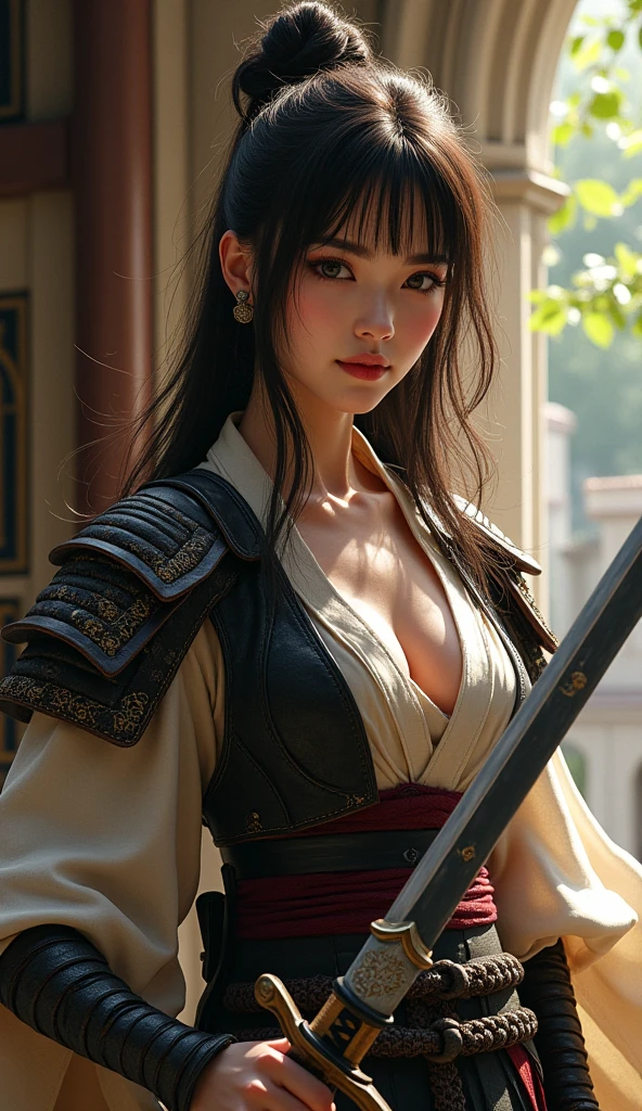 ((((masterpiece, best quality, high resolution)))), Extremely detailed 8K, Beautiful girl with voluptuous body, (Ultra HD, Ultra-detailed, Highly detailed, Highly realistic, Ultra-realistic, photograph realistic), (1girl:1.5), (Realistic black hair), (short wavy hair, earrings), (dynamic poses), facing at camera, looking at viewer, (blushing red, embarrassed), (blue eyes, sharp eyes), (perky breasts:1.2), (beautiful detailed face, beautiful detailed eyes), ((samurai metal armor, breasts plate)), (standing up), sweat, glow, (sunbeam, sunlight), ((cowboy shot)), inside dungeon, seductive