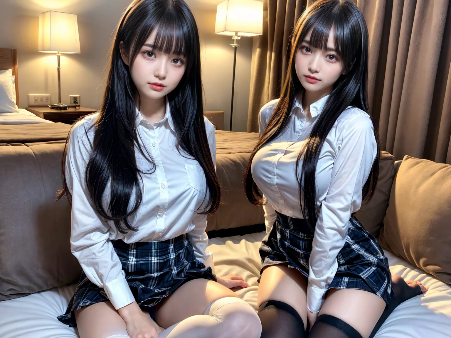 masterpiece, best quality, illustration, Super detailed, fine details, High resolution, 8K,wall paper, perfect dynamic composition,(Details High quality, realistic depiction of eyes:1.3), (3 girls), (white school shirt :1.2), (plaid skirt :1.3), tie black, black thigh-high stockings, sitting, open legs, short bob hair, in a hotel room in the background, deep on field, large breasts, black hair color, Big Natural Color Lip, (perfect body shape), crying a little、Harajuku style、20 year old girl、cute type、beautiful legs, Gravure Idol