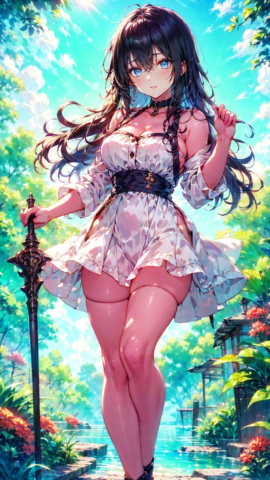 best quality, high_resolution, distinct_image, detailed background ,girl,flower, lain,dutch angle, wet,oriental castle,gothic hanbok, waist apron,