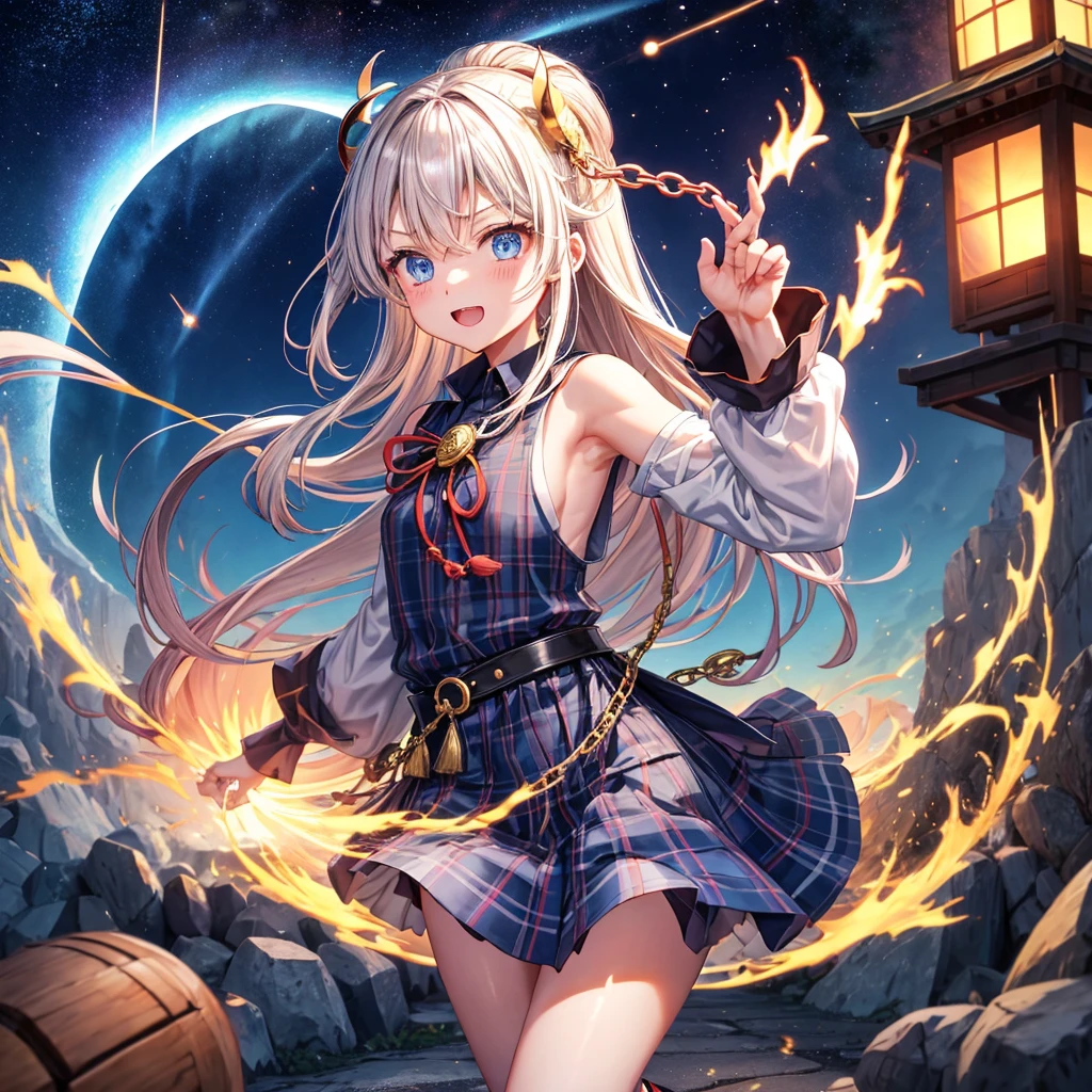 1 girl, antique tank top, long hair ,white hair, yellow eyes, magic circle, blue light, เปลวblue light, Wallpaper, terrain, blood, blood splatter, depth of field, at night, light particles, light rays, On the side of the road, thigh, luck \(set\), Genshin Impact, ****, , thighสูง, Cloud, crawl,shorts, Raise both arms to use Magic Light.. 