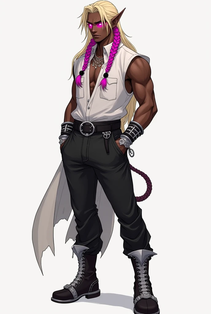 Full body image of a 17-year-old young man with dark skin, with 1,90 m tall and the power to control chains an athletic body. Ele tem cabelos blackws cacheados de dreads brancos e uma faixa turbante de baixo do cabelo, olhos blackws brilhantes. Your skin is black and black, blackw.  camisa regata branca com blackw e um casaco por cima blackw com detalhes em branco e com um capuz, black pants with white seams at the knee, with chains, stylish black military boots full of belts and chains, 