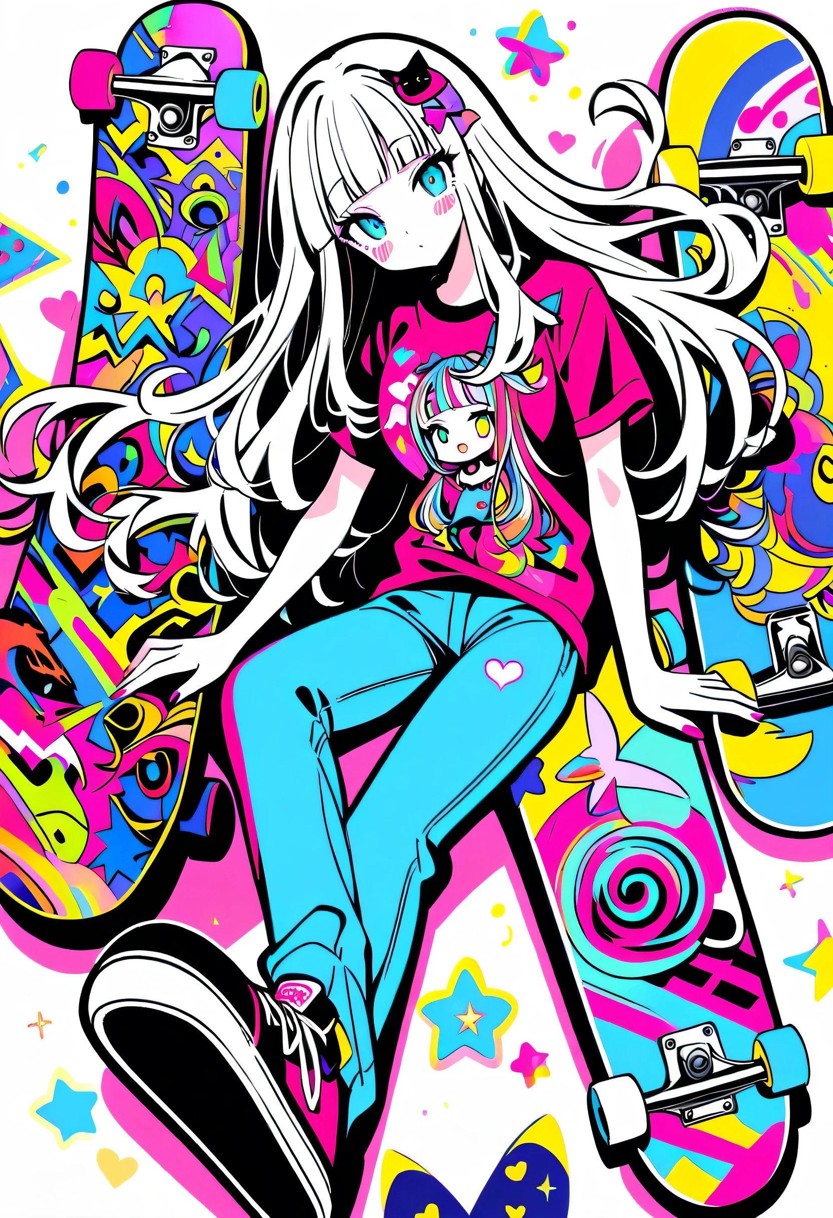 whole body、、、sleep、sleep、lie、 lies down、to ridicule、  girl in t-shirt and jeans 、  skateboard 、 skateboard でエアトリックを決める 、   anime skateboarder design  ,    skateboard サイン,   long hair、Love Style, Full Design, Only 18 colors,  Black and White, No Shadow, Full Design,   stickers,   bright color, White background.  super detailed illustration  ,(((  beautiful ))),(((  beautiful )),(((  beautiful background))),(((  beautiful ))),(((  beautiful cat))),(((  beautiful background))),Midsummer、 skateboard パーク 、 straight bangs、squint,   Pop Art Style  