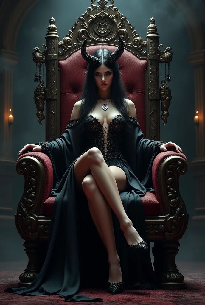 arafed woman sitting on a throne with a skull on her arm, queen of the underworld, beautiful elegant demon queen, on her throne, beautiful vampire female queen, dark goth queen, scary queen of death, dark goddess with six arms, goddess of the underworld, queen of darkness, sitting on her throne, queen of death, in style of dark fantasy art