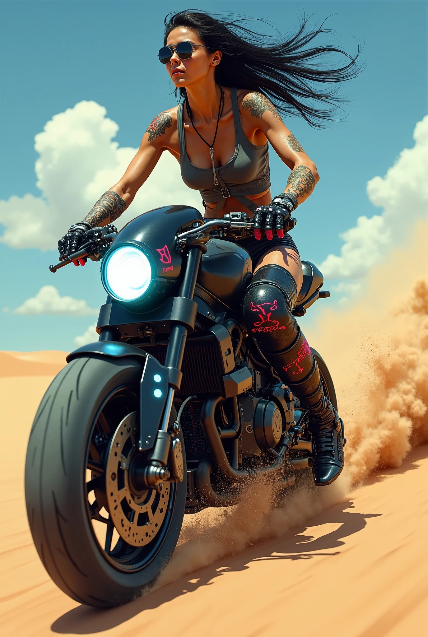 Highly Detailed Female Characters in a Team-Based Action Shooting Video Game、Job Title: tank、Riding a futuristic bicycle、Exquisitely Rendered Muscular Body、Broad shoulders、Thick chest、Developed brachial muscles、Toned Abs、developed thigh muscles、Beautifully detailed face、Very short hair、Rose Gold Color Scheme、Tactical Helmet、Concept Art、Intricate details、Surreal、8k、Highest quality、Realistic、masterpiece