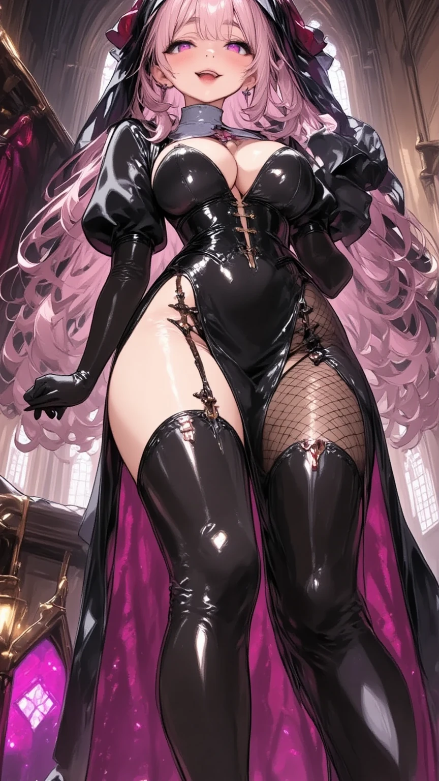 8K,The Masterpiece,Royal sister(distance view),Full body photo,((extremely huge breast)),Latex miniskirt,Slightly fat,Slender legs,Smile with,
