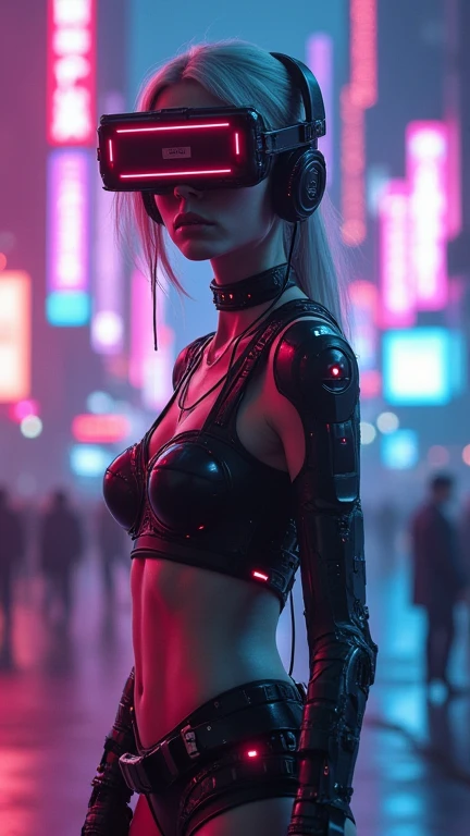 beautiful cyberpunk girl wearing a futuristic head mounted display,  (finely detailed skin), pale skin, (in a deep neckline highly detailed sexy futuristic cyberpunk black crop top and underpants made of circuit boards, cybernetics, japanese words with a flare effect, beautiful epic composition, futuristic, masterpiece, sensual, appealing, posing for a photo