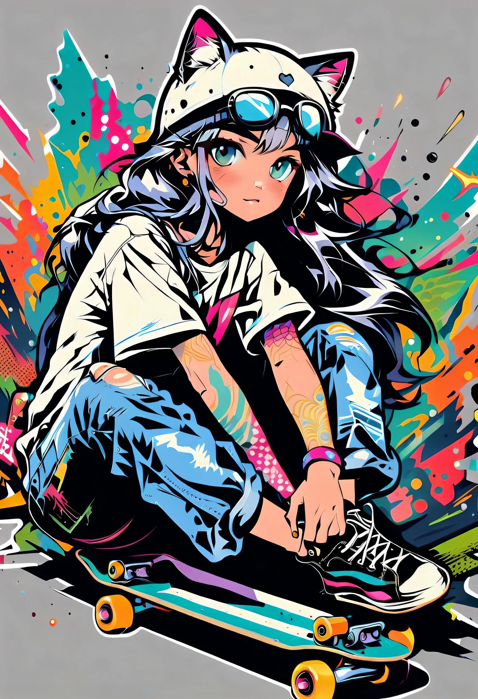 whole body、、、sleep、sleep、lie、 lies down、to ridicule、 girl in t-shirt and jeans 、 skateboard 、 skateboard でエアトリックを決める 、 anime skateboarder design , skateboard サイン, long hair、Love Style, Full Design, Only 18 colors, Black and White, No Shadow, Full Design, stickers, bright color, White background. super detailed illustration ,((( beautiful ))),((( beautiful )),((( beautiful background))),((( beautiful ))),((( beautiful cat))),((( beautiful background))),Midsummer、 skateboard パーク 、 straight bangs、squint, Pop Art Style