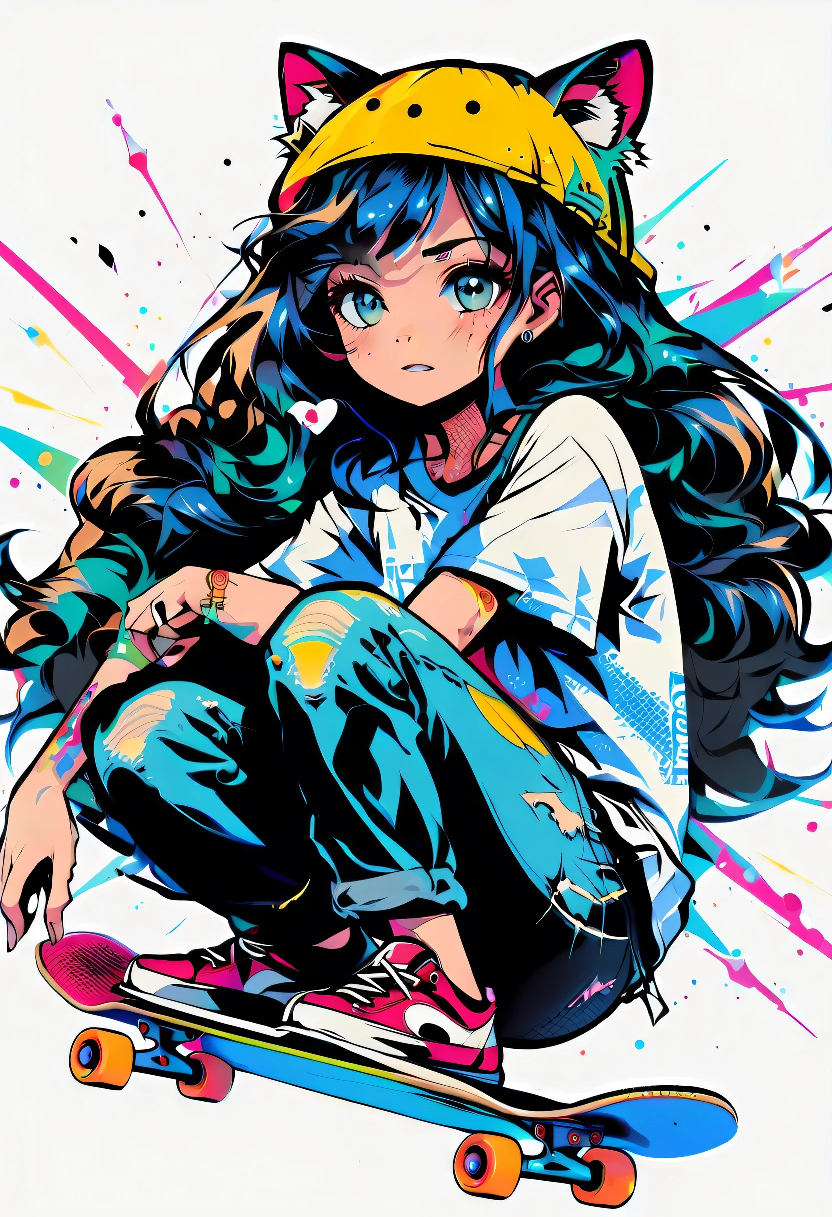 whole body、、、sleep、sleep、lie、 lies down、to ridicule、 girl in t-shirt and jeans 、 skateboard 、 skateboard でエアトリックを決める 、 anime skateboarder design , skateboard サイン, long hair、Love Style, Full Design, Only 18 colors, Black and White, No Shadow, Full Design, stickers, bright color, White background. super detailed illustration ,((( beautiful ))),((( beautiful )),((( beautiful background))),((( beautiful ))),((( beautiful cat))),((( beautiful background))),Midsummer、 skateboard パーク 、 straight bangs、squint, Pop Art Style