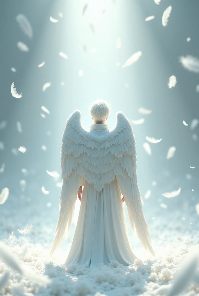 Boy with wings, full body, white wings stained with black, he is short, white, has silver hair, wears simpler clothes