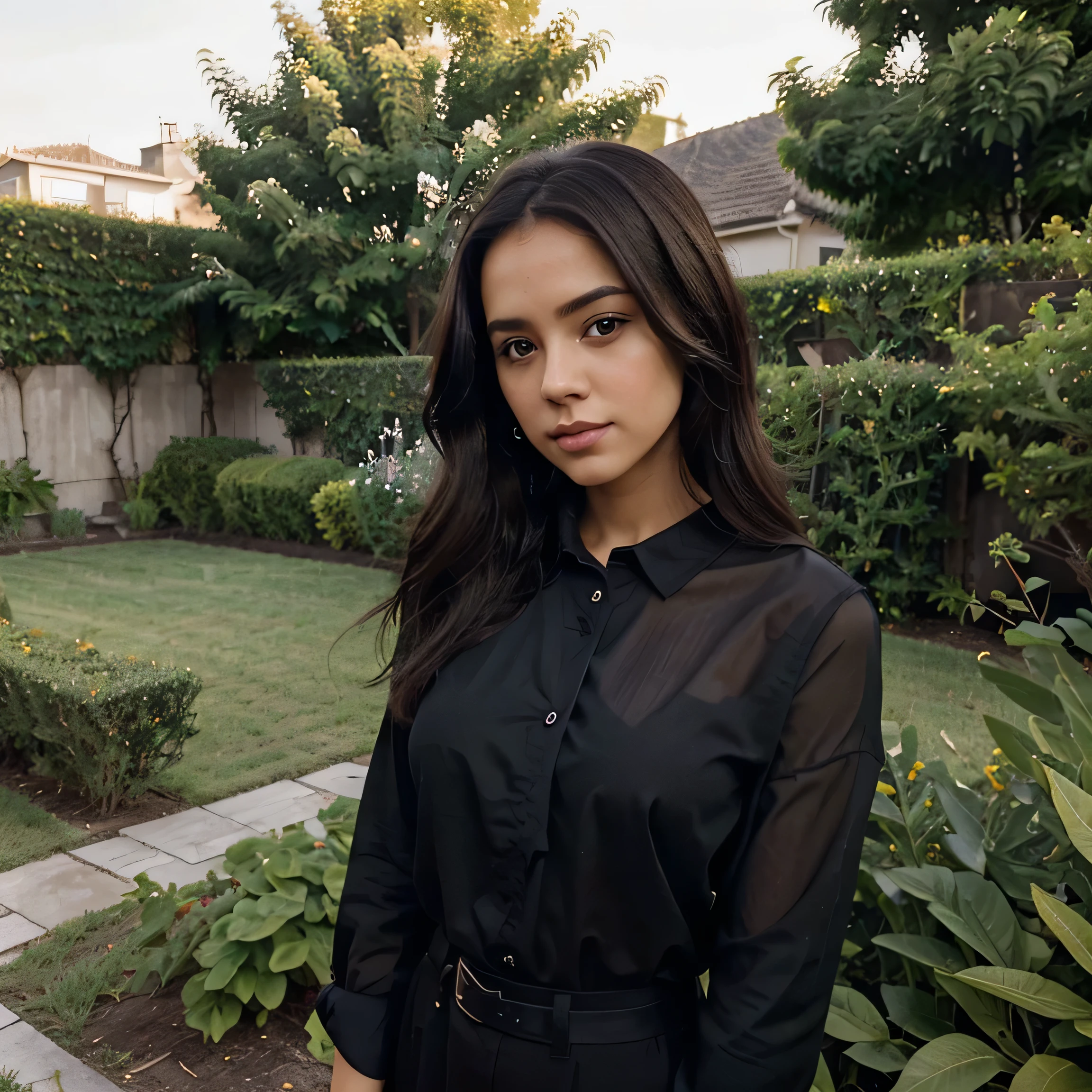 (best quality,4k,8k,highres,masterpiece:1.2),ultra-detailed,(realistic,photorealistic,photo-realistic:1.37),young girl with a youthful and vibrant appearance,beautiful detailed eyes,beautiful detailed lips,soft black hair cascading down to her shoulders. She wears minimal office clothes consisting of a crisp white button-down shirt and a pencil skirt in a neutral shade. In her hand, she holds a camera, capturing a selfie photo. Her pose exudes confidence and radiates a sense of joy. The girl stands in front of a charming natural house, with greenery surrounding her. The house blends harmoniously with the natural environment, creating a serene and peaceful atmosphere. The lighting delicately illuminates the girl's face, highlighting her features and accentuating her beauty. The color palette of the image is warm and inviting, with soft pastel tones and a hint of golden sunlight.