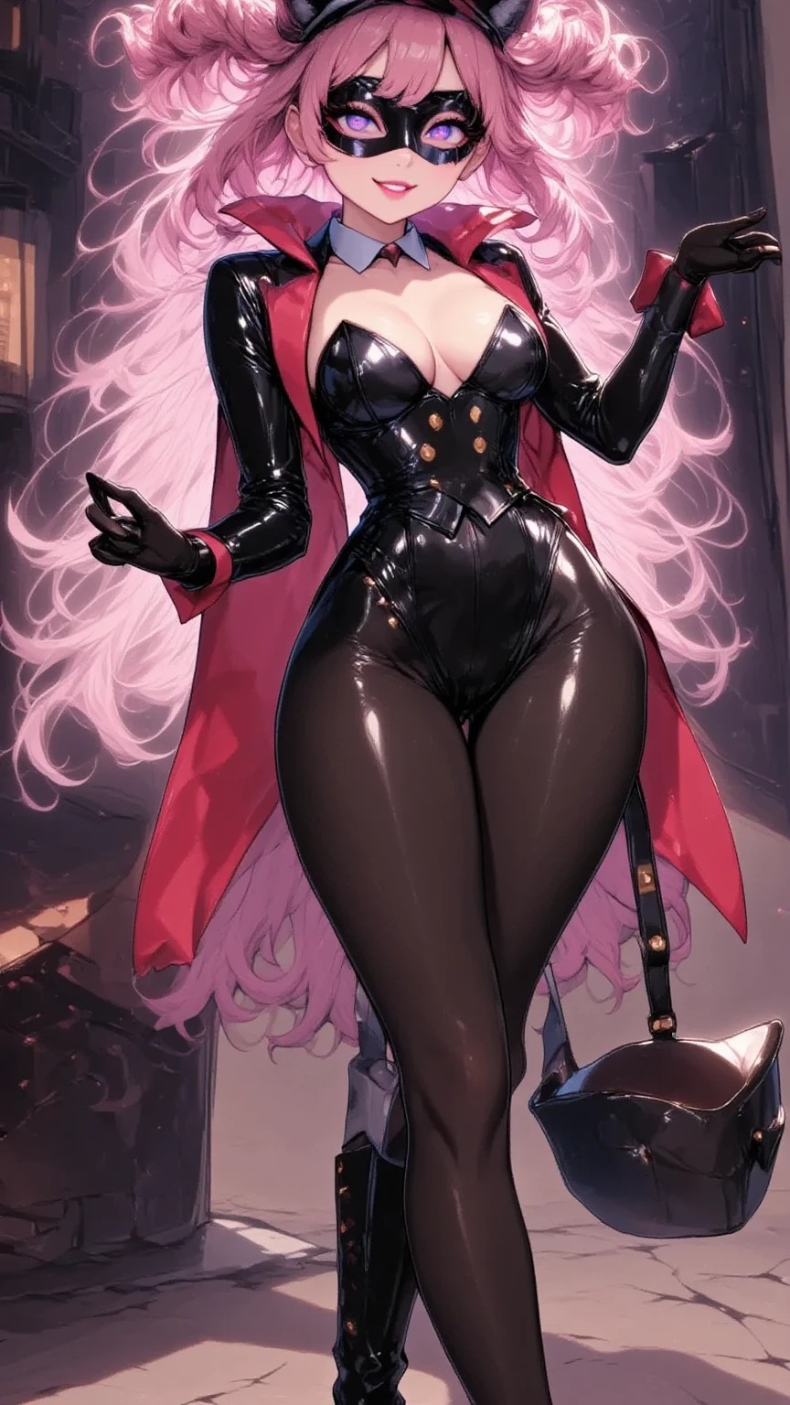 (masterpiece, HI quality: 1.1) 1girl full body standing good face, nice ass, hairstyle: braid, Color Hair: PINK long hair, Blindfolded: NO EYES, Skin: White (porcelain skin, sparkly skin), muscular, thighs, Mature woman, Abs, looks at the viewer smiling, extremely huge breasts, maternal, chest cover with clothes (Hell knight ingrid (anime style) Demon Knight Ingrid (OVA))