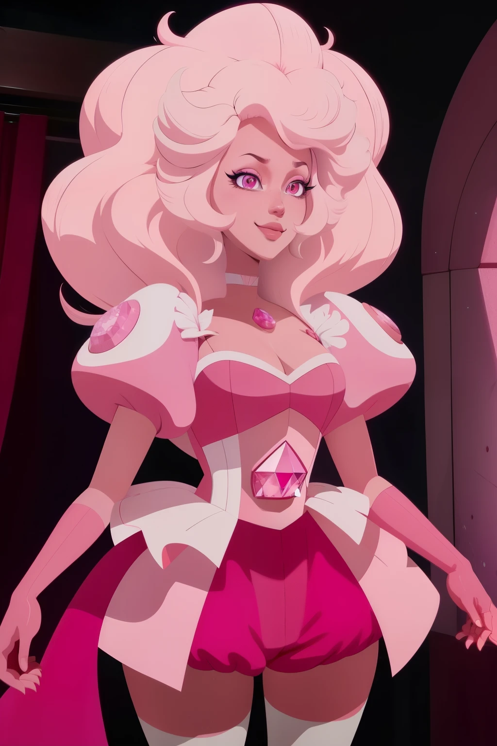 pnkdamond, pink hair, pink eyes, long hair, stomach gem, pink skin, toned,
puffy short sleeves, elbow gloves , white thighs, Puffy dress,
standing, Upper part of the body,
outer space,
(incredibly detailed, beautiful detailed face,Beautiful detailed eyes, Masterpiece, Best Quality) cinematic lighting, SMILE,