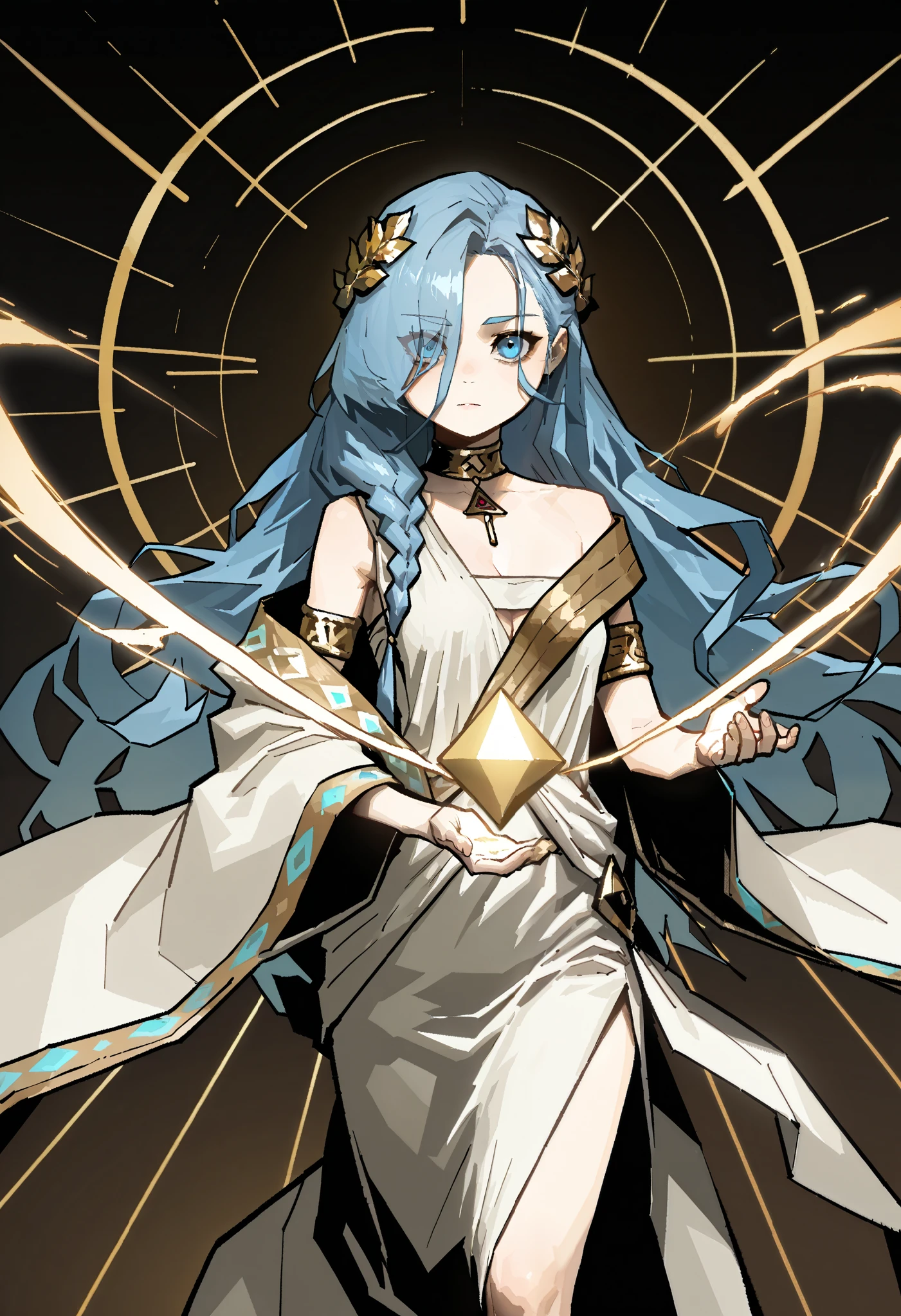 by gogalking, magic, geometric shapes, 1girl, solo, blue hair, curly hair, braid, long hair, blue eyes, eyes visible through hair, laurel crown, armlet, ancient greek clothes, greco-roman clothes, jewelry, gold choker, skinny, small breasts, bare shoulders, wide sleeve, cleavage, toga, standing, looking at viewer, black background, masterpiece, best quality, amazing quality, very aesthetic, high resolution 