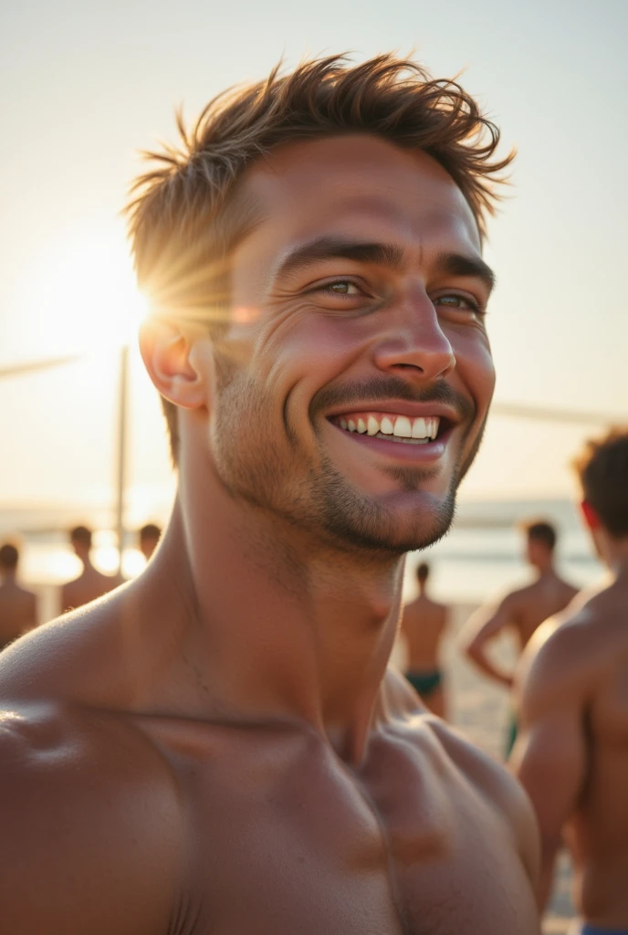 hotorealistic, best quality, masterpiece, extremely detailed, sexy, homoerotic, extremely handsome, 20 year old greek man, looking back, smiling, holds your hand, walking on the beach, extremely romantic atmosphere, perfect face, perfect fingers, perfect hands, perfection