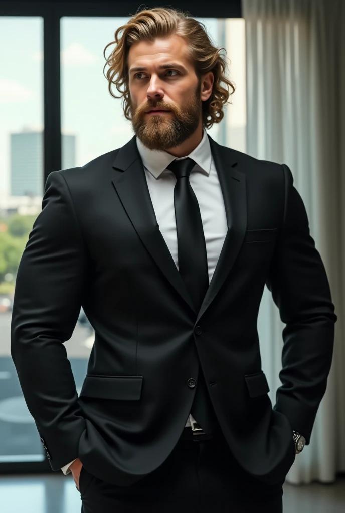 blond haired man with curlers ,Grown beard, muscular in a black suit and tie stands in an office near a window