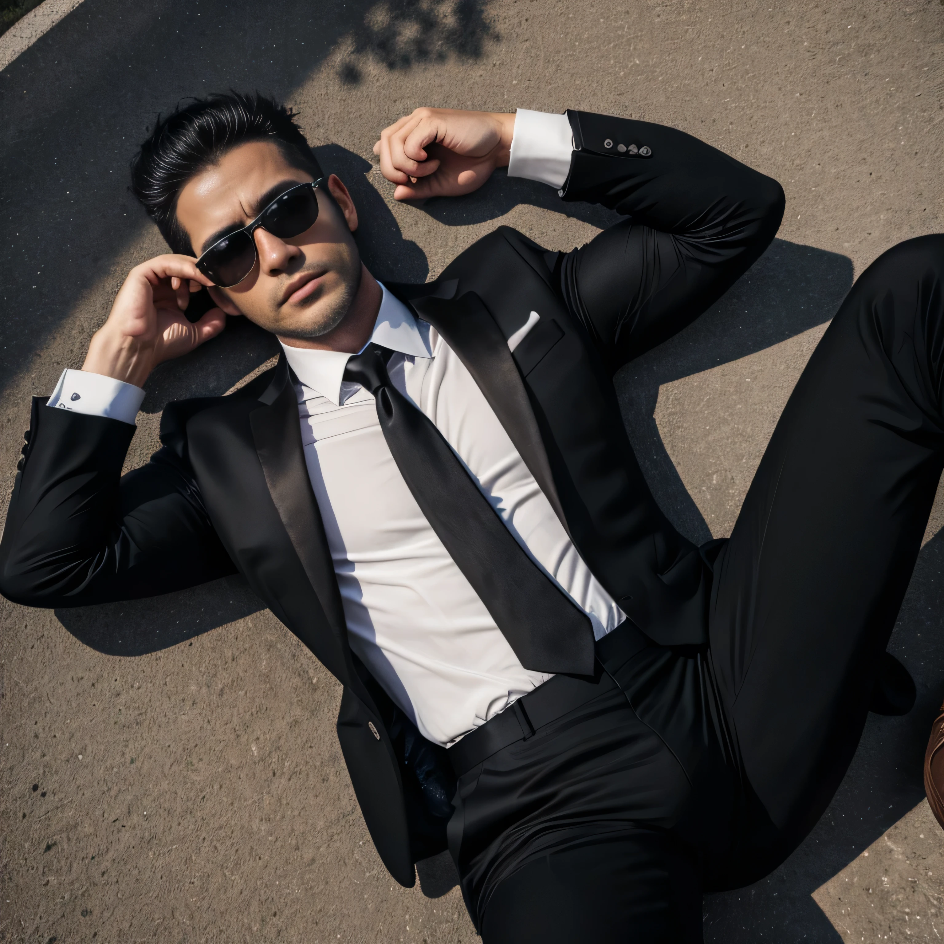 40 year old handsome, One Man,、 muscularity、 Israeli,。 black suit、 black tie、 black slim pants 、Short Hair、Countryside roads 、 sit on the ground、 open her legs 、 black suit、 black tie、 black slim pants 、 upper body up Israeli, Front Menacing look 喉にガムが詰まりSuffering、Suffering、息ができなくてSuffering My legs are flapping and I'm having a hard time sleeping black gloves black gloves 、 View from above upper body up lie down I'm wearing black sunglasses