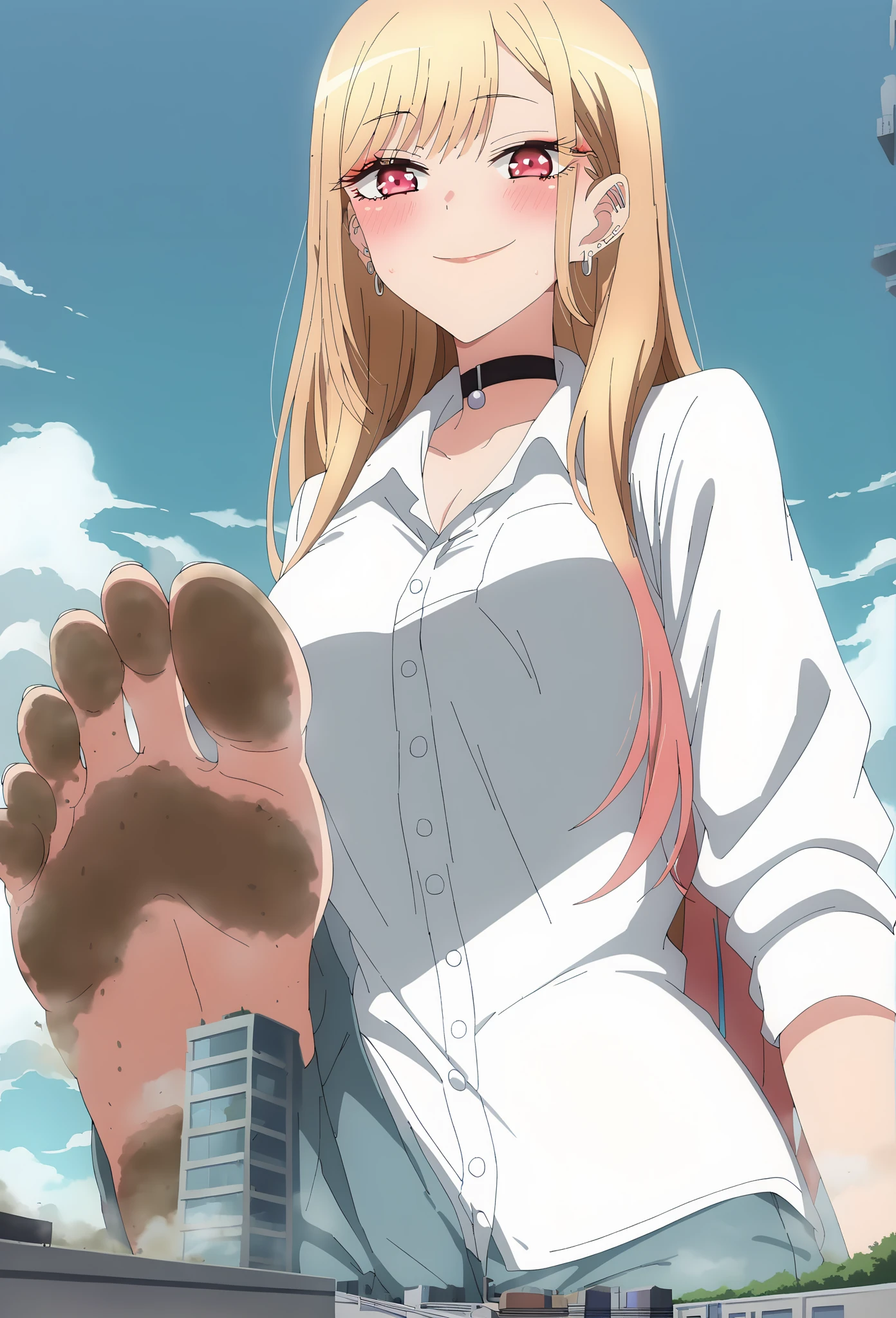 (masterpiece、highest quality、High resolution、realistic pictures、real looking skin:1.1), (the blackＶwearing a neck knit,Moe sleeves,she is wearing a gray pleated miniskirt.:1.1), 1 Japanese woman, beautiful eyes, shining eyes, blonde, medium long hair, university student, (Squat down with both knees facing towards you..:1.8), (Place your elbows on your knees、put your chin on it.:1.5), (slightly exposed pants: 1.5), (simple light blue cotton panties: 1.5), (provocative and grinning expression:1.5), (The place is an amusement park:1.5), (brown knee-length boots:1.5), NSFW