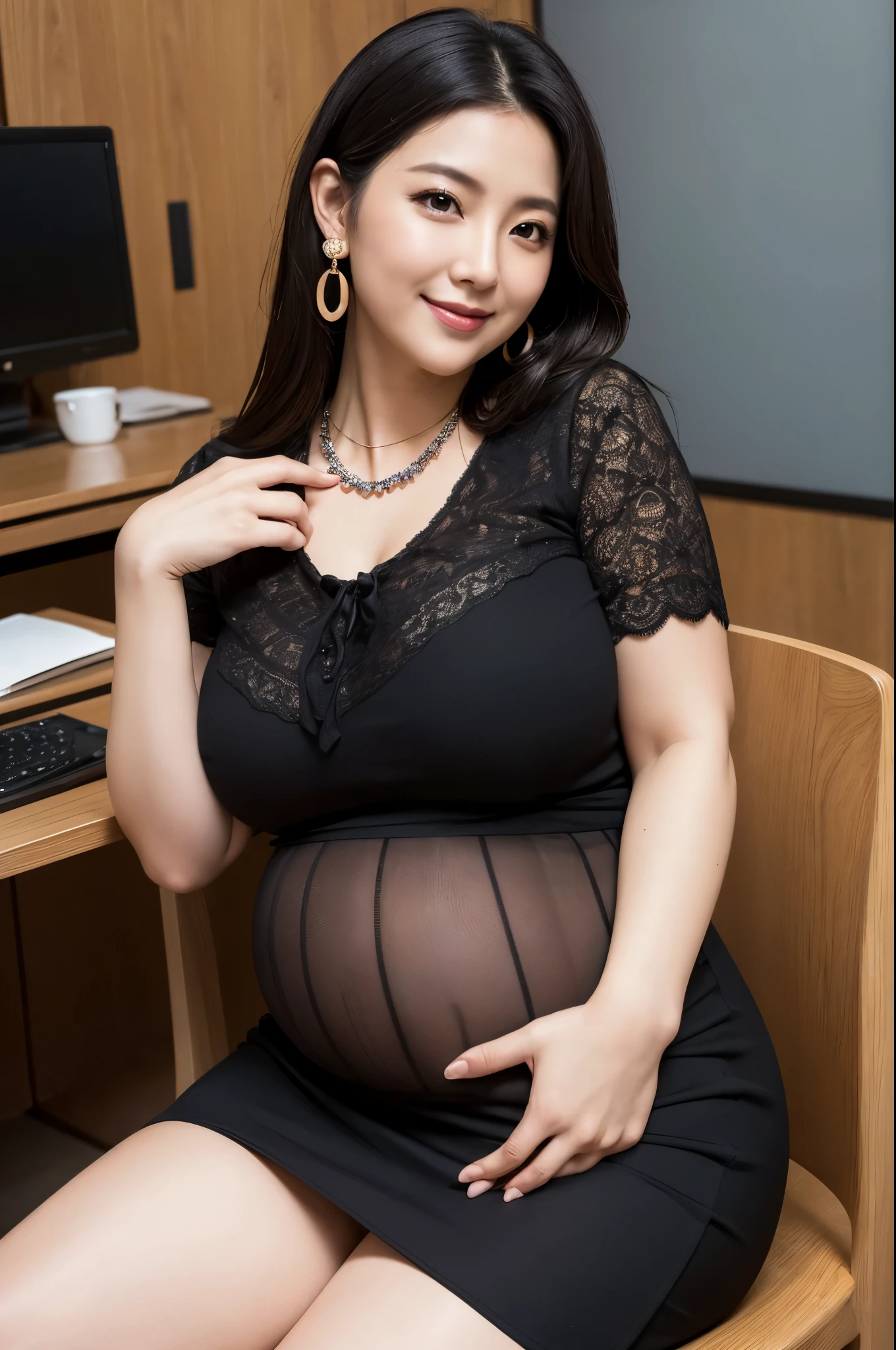 from above,（Bold Pose）、（dynamicposes）、｟sexypose｠、Sexy lingerie、The shirt flew off.、｟cleavage of the breast｠、Boob emphasis,((huge-breasted:1.4)),((huge pregnant:1.3)),Looking at me on my desk in an office in a high-rise building, Dark blue tight skirt, The skirt is flipped up, Black Lace T-Back Panties, Open white Y-shirt、(Best Quality,8K,nffsw:1.2),(cute Japanese girls),(Huge breasts:1.25),(Collared shirt)、(​masterpiece、top-quality) 、For clear images、Strong sunshine、absolutely outstanding image, very extremely beautiful、​masterpiece, top-quality,a picture, kawaii、(Colossal tits:1.2)、((20 year old woman:1.2))、Young adorable Japan face, dewy skin, close up of face,Soft portrait shots,8K