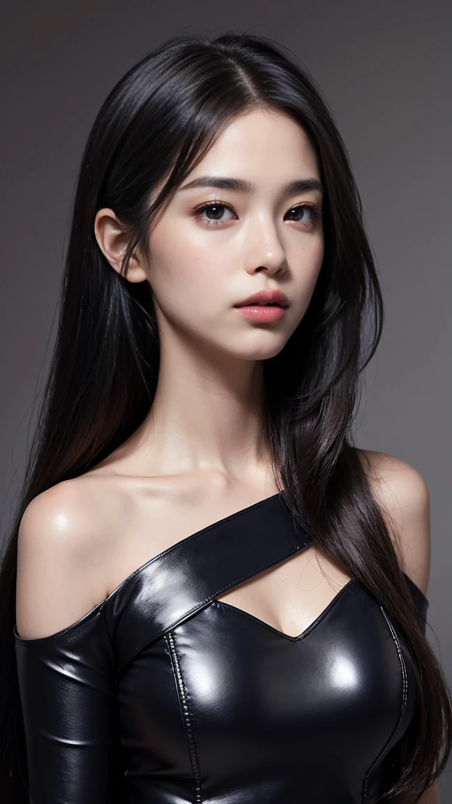 of the highest quality, One beautiful woman, Japanese, 35mm lens, F/1, (Upper body:1.3), (Gray background: 1.3), flat chest, (A black satin slip dress 1.3), False hair, silber hair, sideways Facing, look up to