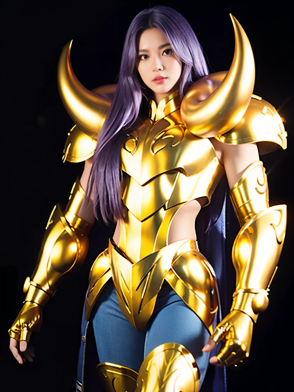 Ultra-high saturation（tmasterpiece）， fully body photo，（best qualtiy）， （1girll），purple hair,  Wearing shiny gold armor， Sexy lingerie type armor，Expose your chest，Expose the waistline，Exposing thighs，cool-pose， Saint Seiya Armor， messy  hair，high detal, Anime style, Cinematic lighting, Sparkle, god light, Ray traching, filmgrain, hyper HD, textureskin, super detailing, Anatomical correct, A high resolution，Ultra-high saturation，hight contrast，High-gloss armor，Smooth skin，An insidious sneer，realisticlying，（tmasterpiece，top Quority，best qualtiy，offcial art，Beauty and aesthetics：1.2），The is very detailed，s fractal art，Extremely colorful