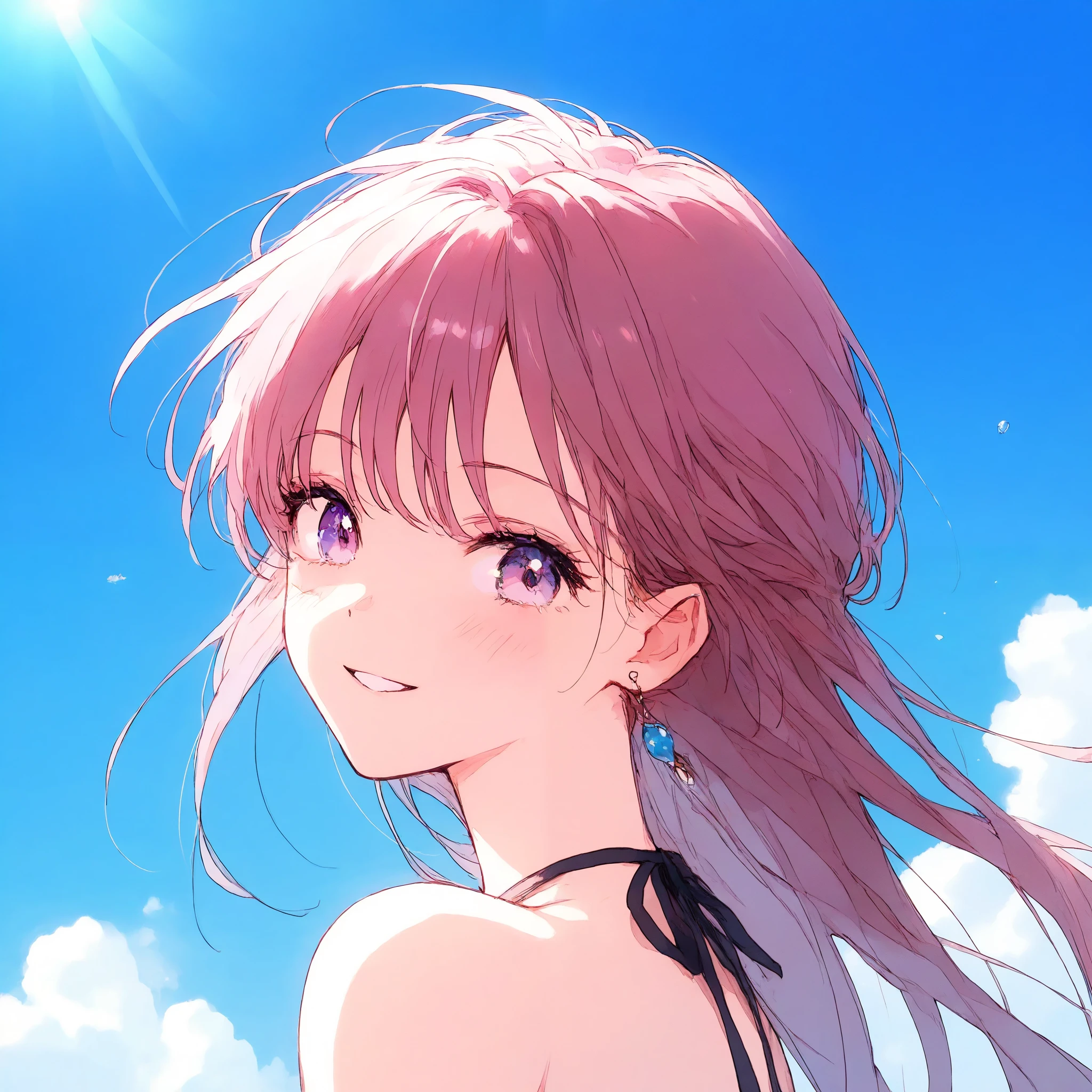 1 girl, sunlight, blue sky,smile