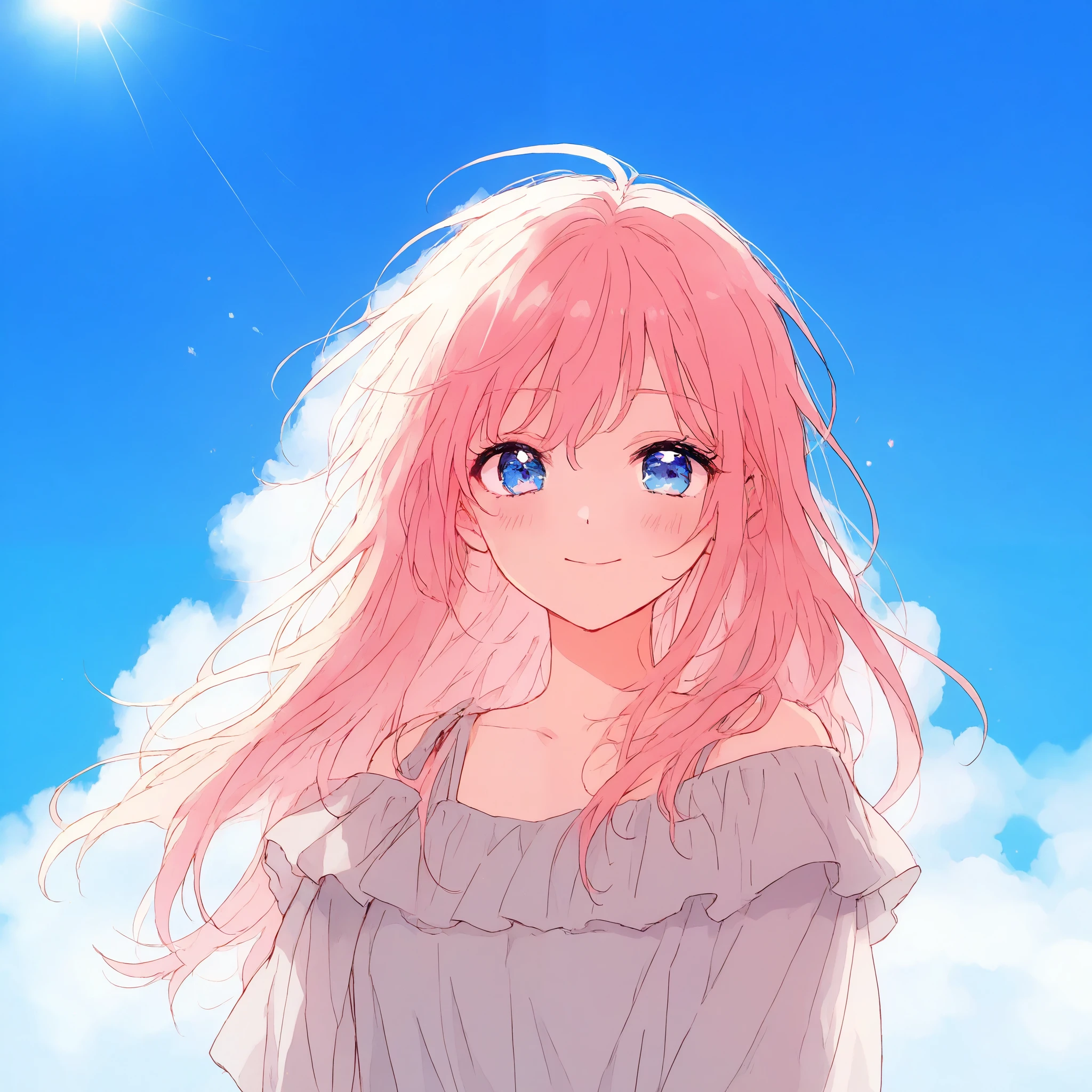 1 girl, sunlight, blue sky,smile