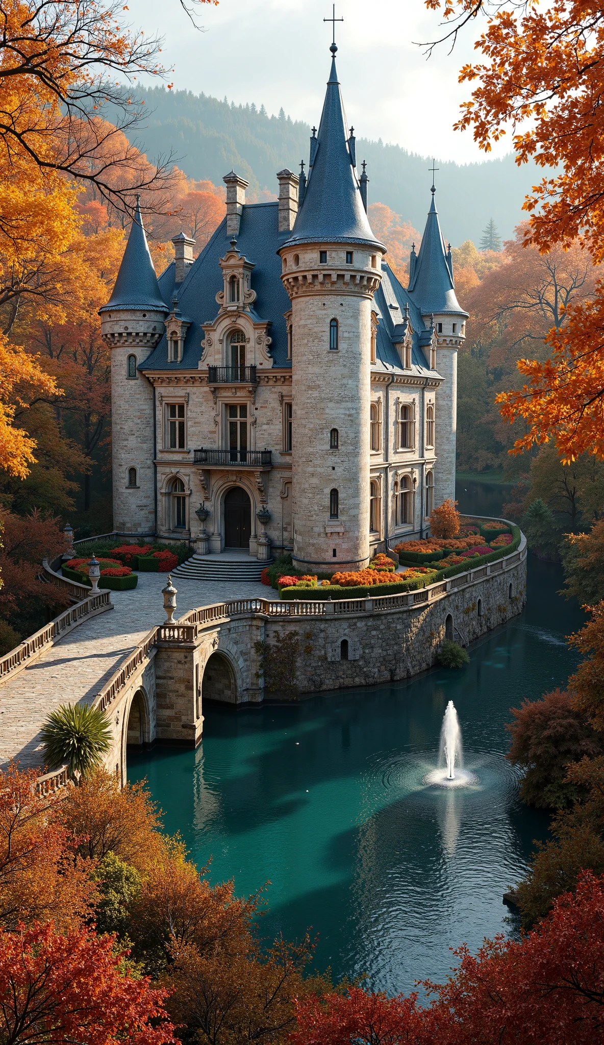 There is a castle with a fountain in the middle of the water - SeaArt AI