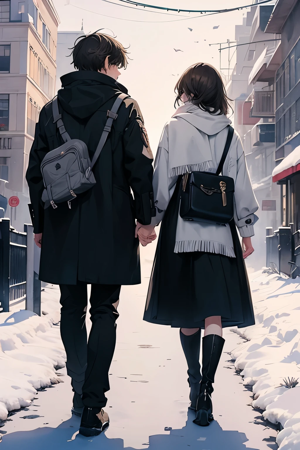 soft watercolor style illustration , The Greatest Masterpiece, quality 8k, ((whole body)), A snowy city、 high school couple walking together , They are both , (( back view)), they are walking towards the back of the screen , the couple is placed in the center of the screen , men are on the right side of the screen 、 women are on the left side of the man , holding hands, looking like they're talking with a smile , soft watercolor style illustration , The Greatest Masterpiece, quality 8k, Men have short black hair , Grey scarf, short dark brown coat , black pants , Black leather shoes, ((whole body1.4)), soft watercolor style illustration , The Greatest Masterpiece, quality 8k, (( the woman has long light brown hair )), white muffler, gray coat, Black Long Skirt , the woman is wearing gray short boots,