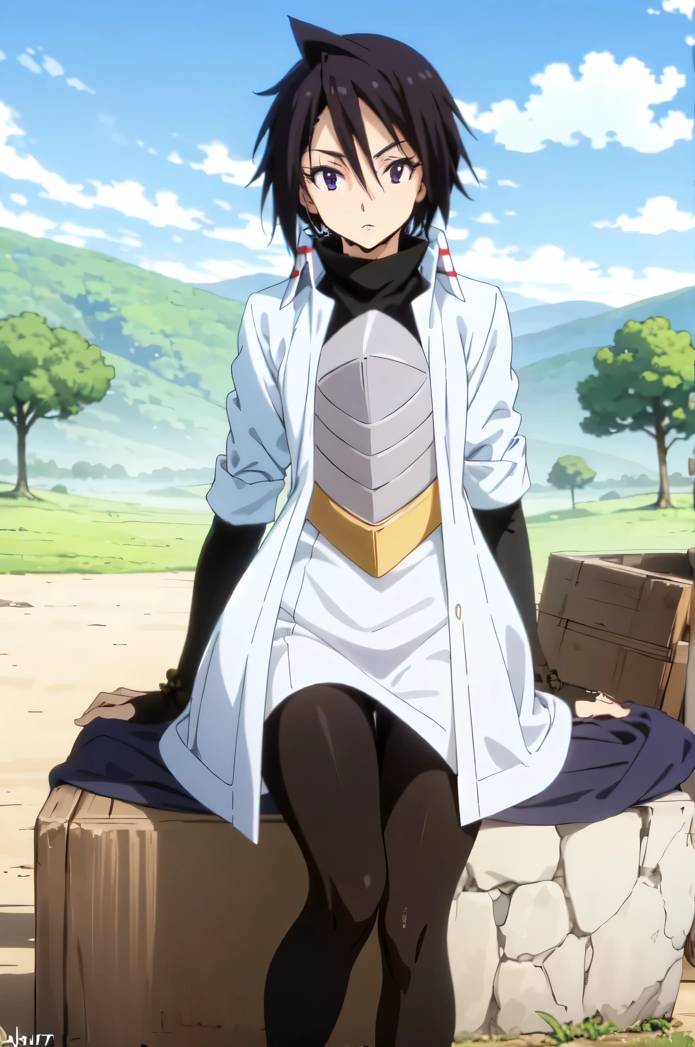 hinata sakaguchi, black hair, black eyes:1.5,short hair, hair between eyes, black pantyhose ,greaves,beautiful things,looking at Viewer,sitting ,hands on thighs,
break outdoors,day,sunshine,clouds ,
break (masterpiece:1.2), highest quality, High resolution, unity 8k wallpaper, (figure:0.8), (Beautiful fine details:1.6), Highly detailed face, highly detailed eyes,growing eyes,Perfect lighting, Highly detailed CG, (Perfect hands, Perfect Anatomy),