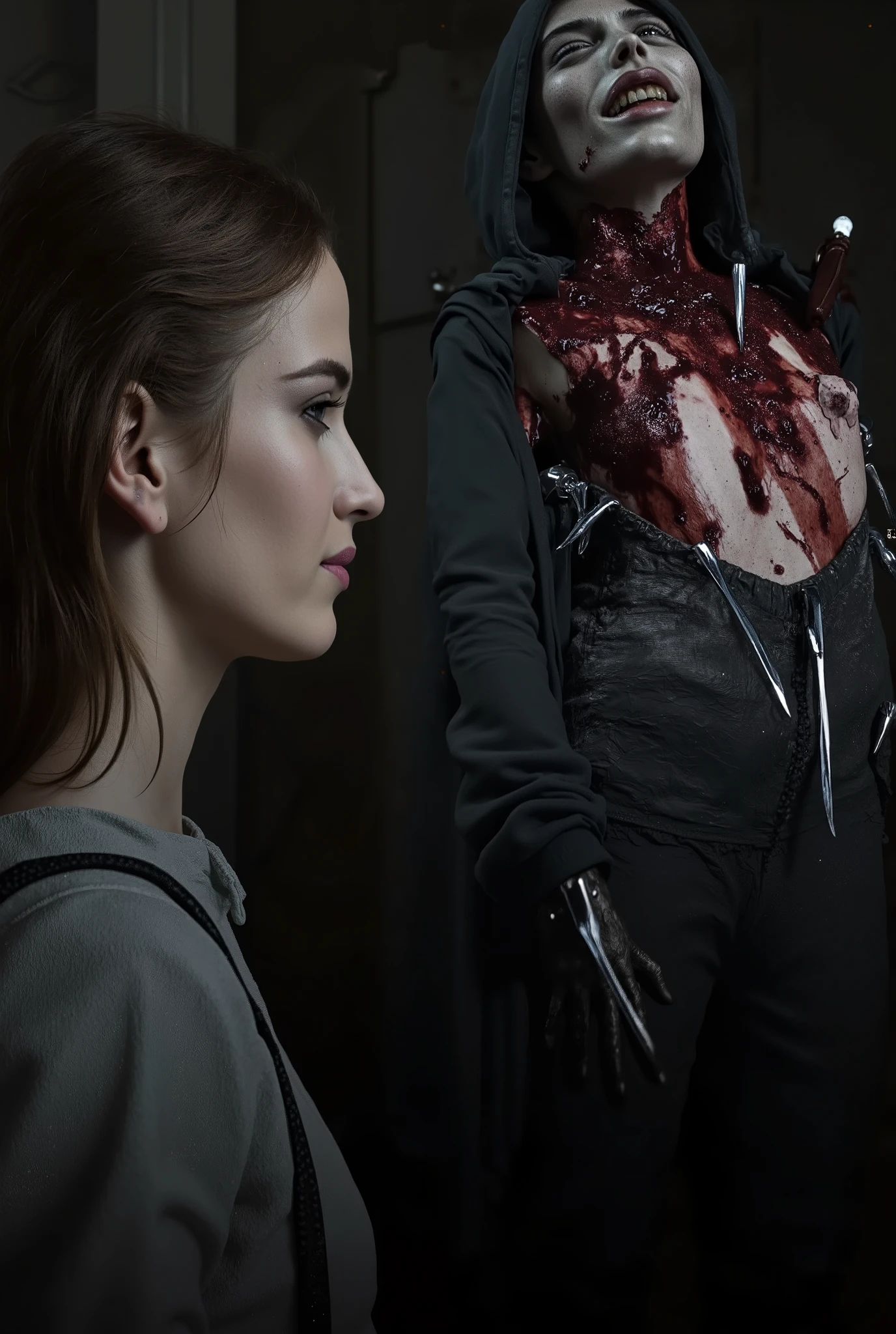 hight quality, Realistic, very cute beautiful girl, male full face mask, male die, male neck slashed, male neck bloody splash, several long knife stuck into male neck, male ninja, deadly girl, , male hoodie
