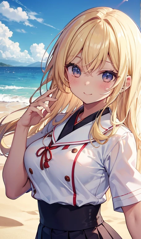 1girl in、A smile、The shirt、skirt by the、（small tits）Chilarism、Japan High School Student Uniform、serafuku、summer clothing、Squall Drenched Uniform、show brassiere、Fox ears、Blonde hair、（Upper body portrait）、