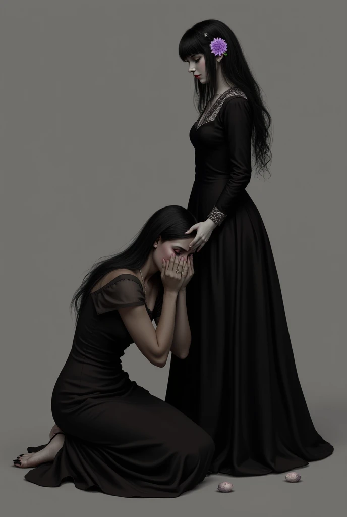 a painting of a holy succubus with horns, all fours, ass, gloves, gothic dress, vampire the masquerade bloodlines, incredible art, gloomy background, nimbus, church ragged vestments, darksketch