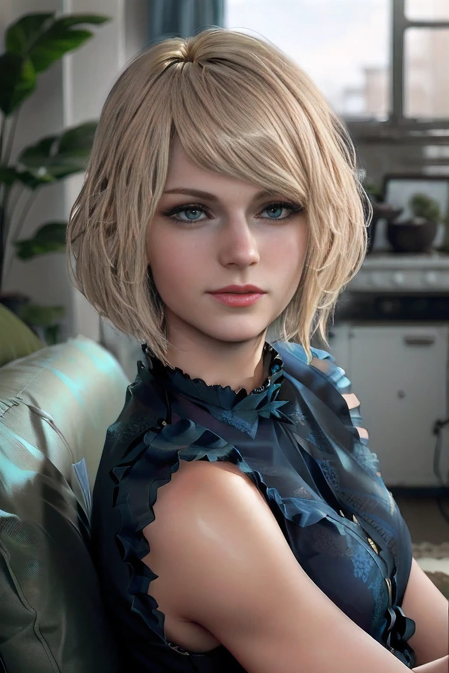 blond woman with blue eyes sitting on a green couch in a living room, soft portrait shot 8 k, photo of a beautiful woman, blonde short hair, short blond hair, portrait of a beautiful model, beautiful female model, 50mm portrait, aleksandra waliszewska, short blonde hair, short hair, young blonde woman, beautiful blonde woman