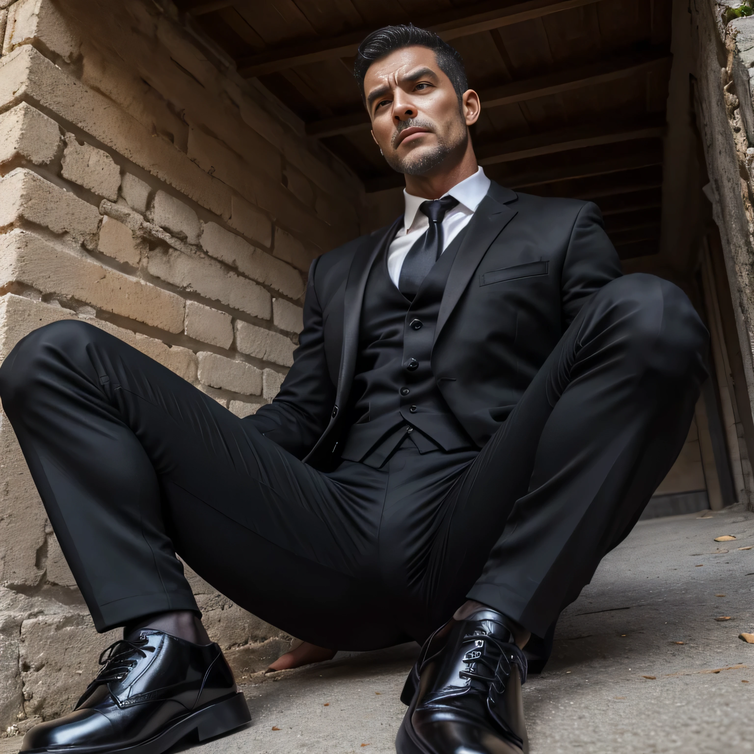 40 year old handsome, One Man,、 muscularity、 Israeli,。 black suit、 black tie、 black slim pants 、Short Hair、Countryside roads 、 sit on the ground、 open her legs 、 black suit、 black tie、 black slim pants 、 upper body up Israeli, Front Menacing look 喉にガムが詰まりSuffering、Suffering、息ができなくてSuffering A painful threatening expression with flapping legs black gloves black gloves Black shoes Black shoes下、 Seen From Below upper body up