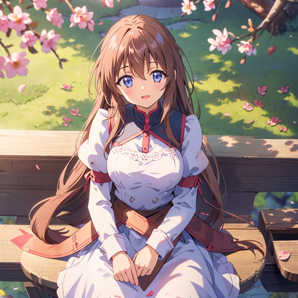 ((solo:1.2)),cute girl sitting on bench in garden,frilled dirndl,from above,looking up,cobblestone pavement,brown hair,long hair,(hair over one eye),(dappled sunlight:1.2),blurry,(depth of field:1.1),head tilt,:o,(petals),tree,cherry,cute and happy expression, Smiles and Sunshine, sunlight, sunbeam, sky, 