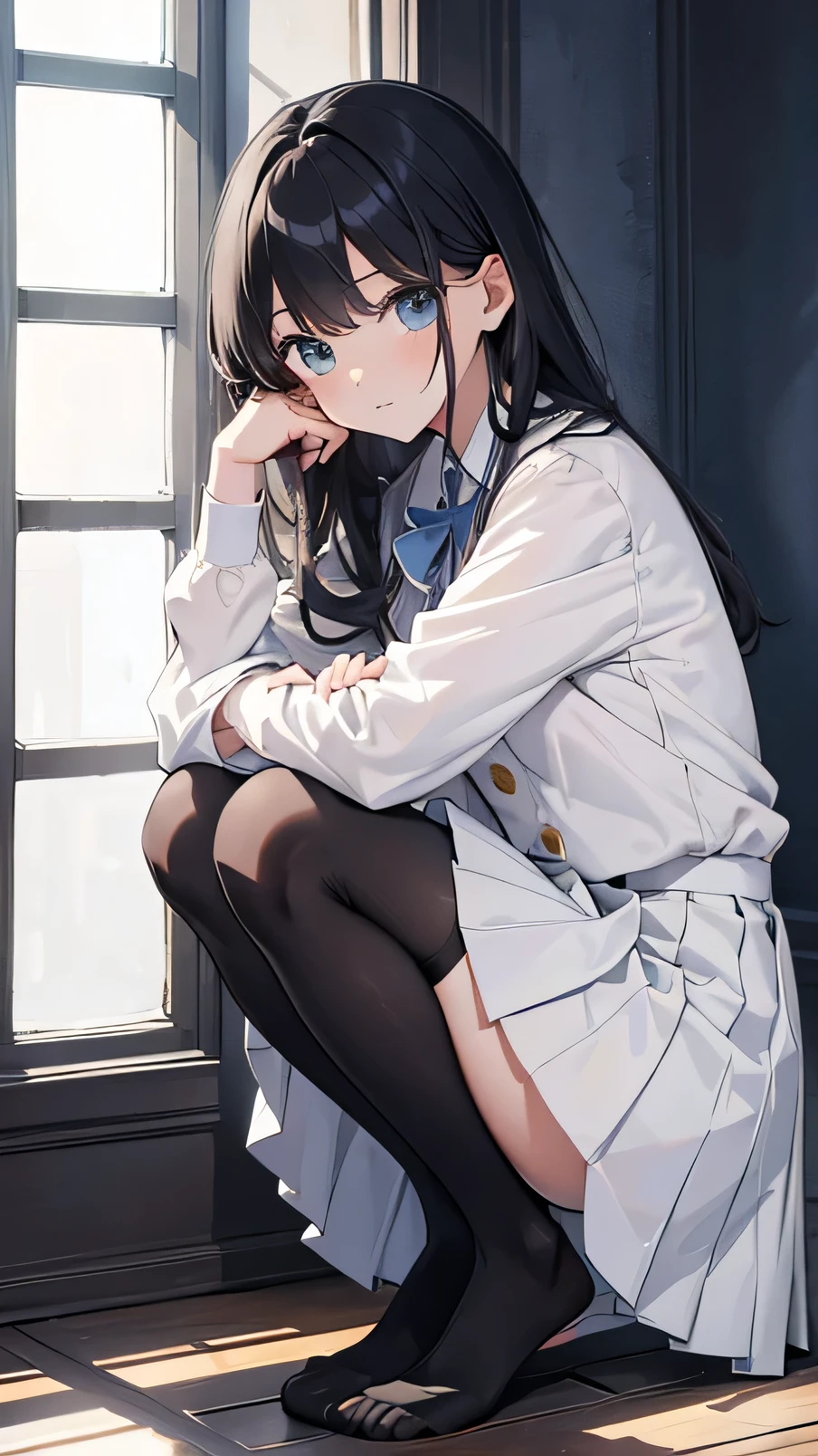  top quality, Masterpiece,  high resolution, ( head to toe full body), Front  , Front  やや下からの構図, Symmetric, Tall 18 year old girl, alone, ( head to toe), ( small breasts), bangs, (black tights), ( black pantyhose), ( sit with legs crossed), (Crouching Stance), (Composition showing white panties), ( Composition showing  、I see your white pants.), (Composition showing ..), ( M shaped legs  ), Thin legs,   Very Beautiful and Tall 18 Year Old Girl  , ( No Shoes ), ,  shy and big eyes ,  Looking at the Camera , blazer uniform,  Plaid Pleated Skirt