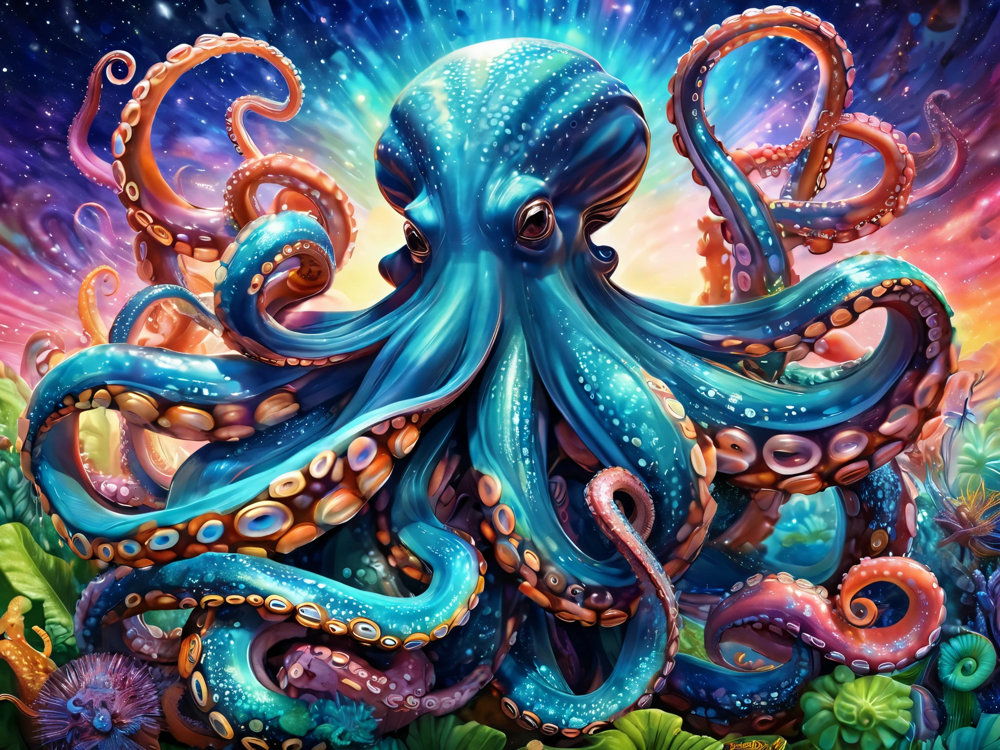 Octopus Inspired Digital Art, Digital Art by Beeple , zbrush Central Contest Winner , Psychedelic Art , Octopus Garden , Beeple and James Jean , Supernova Octopus, decorated tentacles growing around, Brilliant Tentacles , beeple と jeremiah ketner, Tentacle Biological Mix , 4K Highly Detailed Digital Art, Octopus Goddess