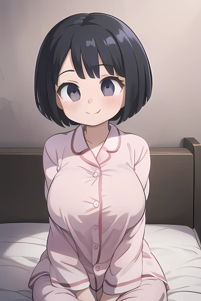 1 Girl,((sitting bed:1.4)), ,iris,     soft lips     ,  Dark Eyes,(     small eyes     ),(Hanging eyes),(((   black hair))),(((  short cuts :1.3))),( short stature),(huge breasts),(Teary-eyed:1.2),(((close your mouth:1.2))),(((smile:1.3)))(   pink pajamas:1.2),,bedroom,(upper body), close-up of a woman  ,