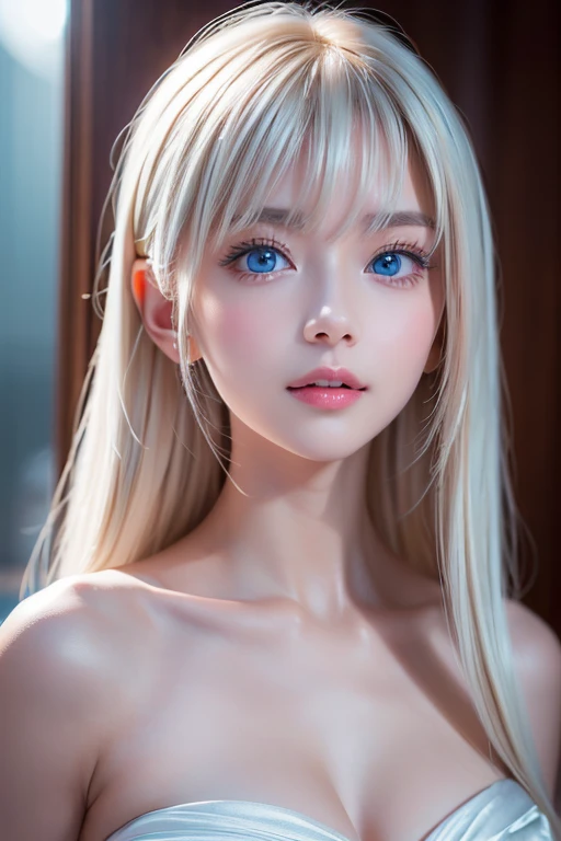 highest quality、8K Masterpiece、ultra high resolution、(photorealistic:1.3)、Raw photo、1 blonde girl、silvery hair、Glossy skin、1 Cyberpunk Super Beautiful Soldier、((Super realistic details))、Portrait、global illumination、Very beautiful, bright and shining light blue eyes that are huge、very big eyes、shadow area、octane rendering、8K、ultra sharp、beautiful breasts、The bare skin of the cleavage is exposed、Metal、cold color、、very intricate details、realistic light、CGSoation Trend beautiful eyes、Eyes shining towards the camera、neon details、small face beauty、Bright and beautiful skin that shines pure white、cheek highlights、long bangs between the eyes,