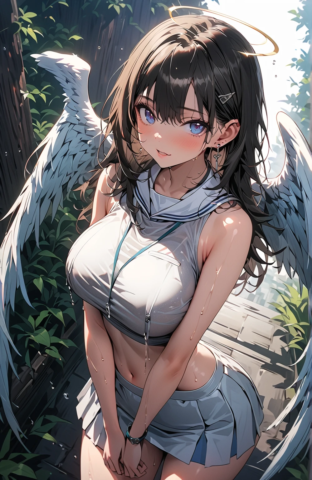 ((Highest quality)), ((masterpiece)), (detailed),((angel)),, Black Hair,(Childish face),((Straight Hair)), shiny hair, Girl ,Medium Breasts, ((Naked)),（topless）,Big wings,((White Wings)), (A pair of wings) , ((closed eyes)),half-smile , Sunlight, ,Full body shot,((hands on chest)) , ((pray)) ,(Cloud World), (In the sky),((Lots of bubbles)), 