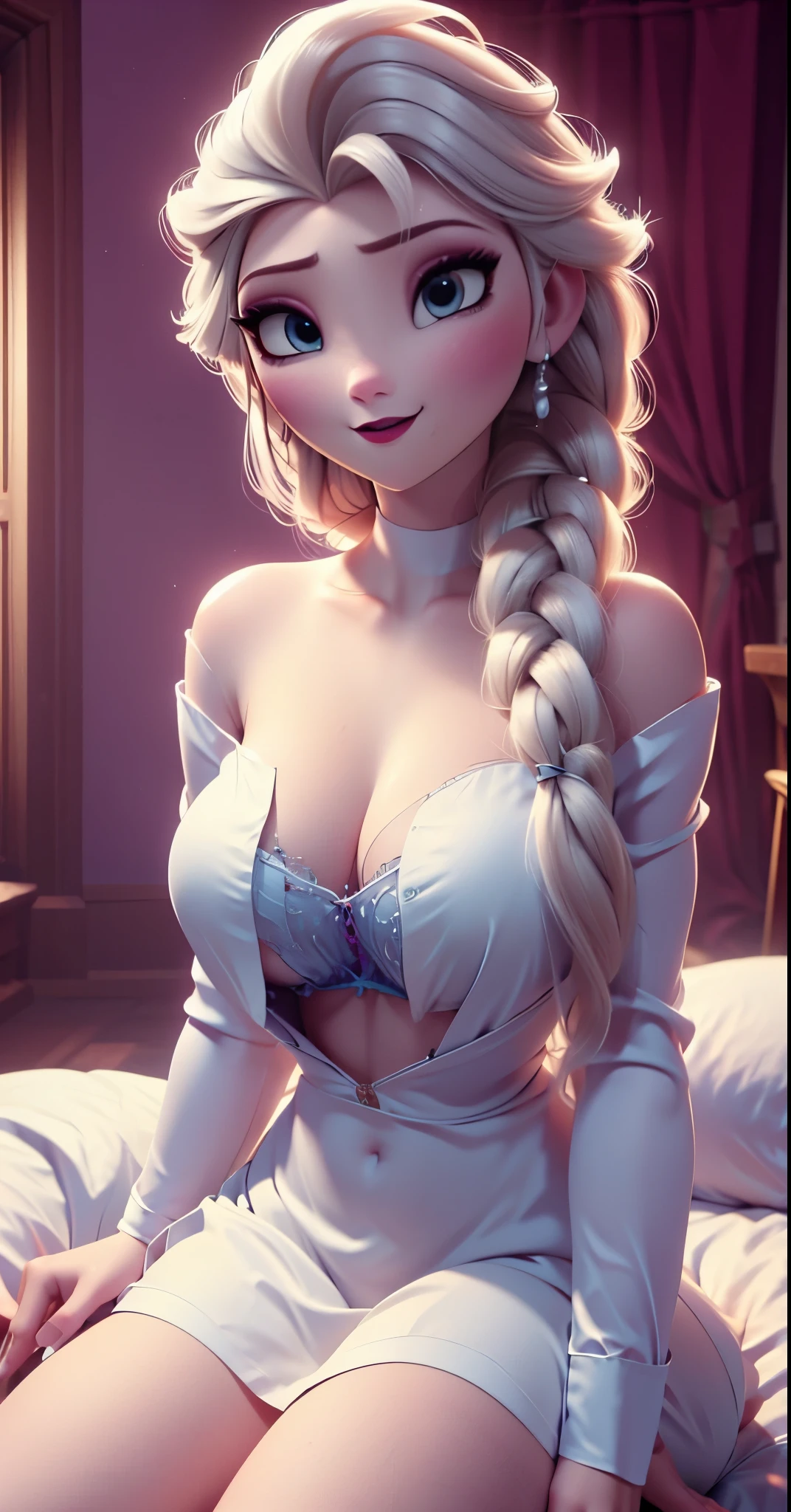 Elsa,chubby face,invent,face detail,blush,purple eye shadow, rose in hair,arise from,simple background, looking to the side,half shirt, White dress, No blouse, without bra, visible peak on chest, (big ) (big breasts) (Fully exposed chest) ( naked and visible nipple) (big ) (big breasts) (Fully exposed chest) ( naked and visible nipple) big ) (big breasts) (Fully exposed chest) ( naked and visible nipple