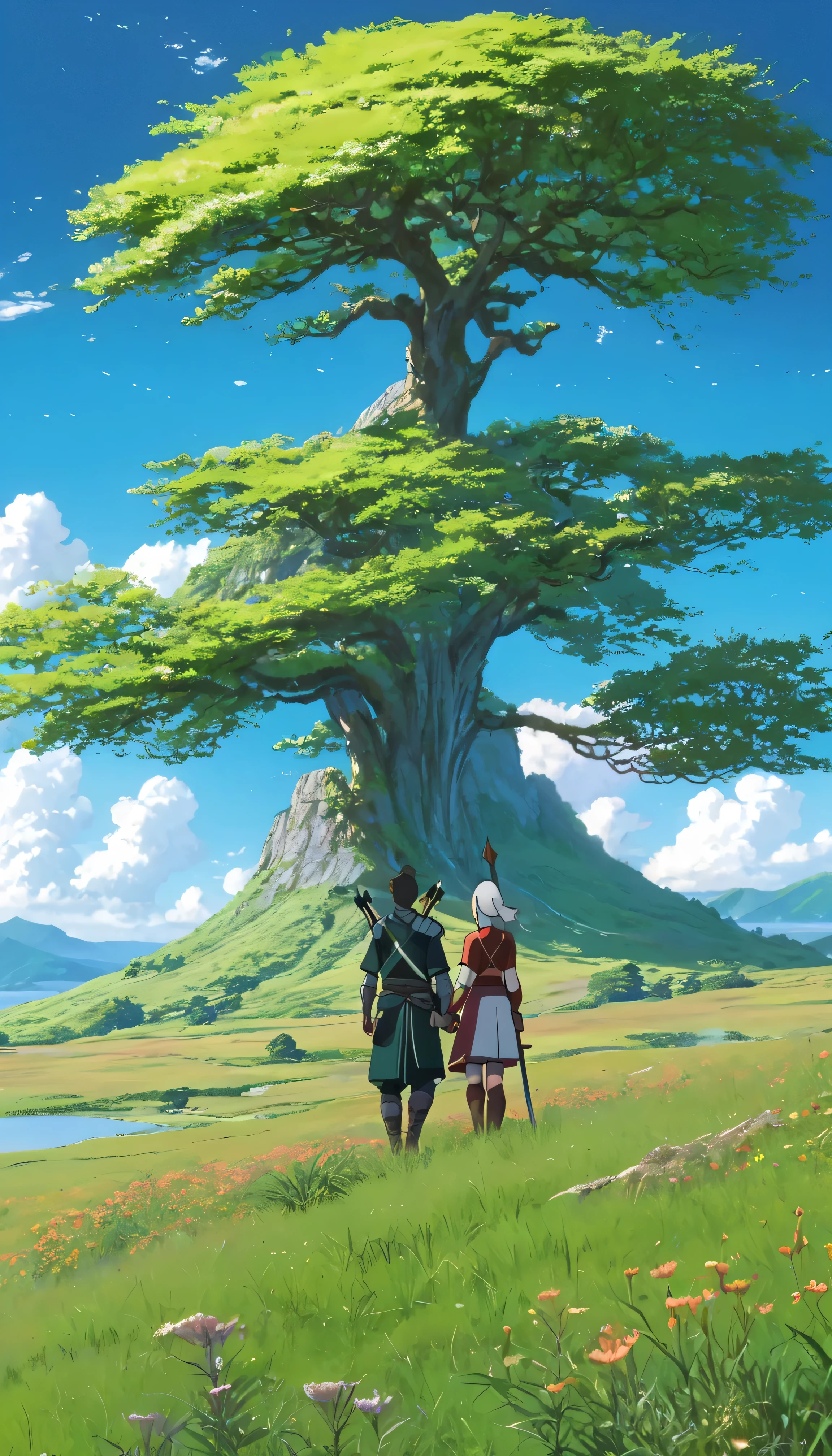 anime landscape, tree , green savanna, few flowers, blue sky meadows , valleys, couple woman and man wears armor with some arrows and swords on their back, they're hugs tightly below the tree shades