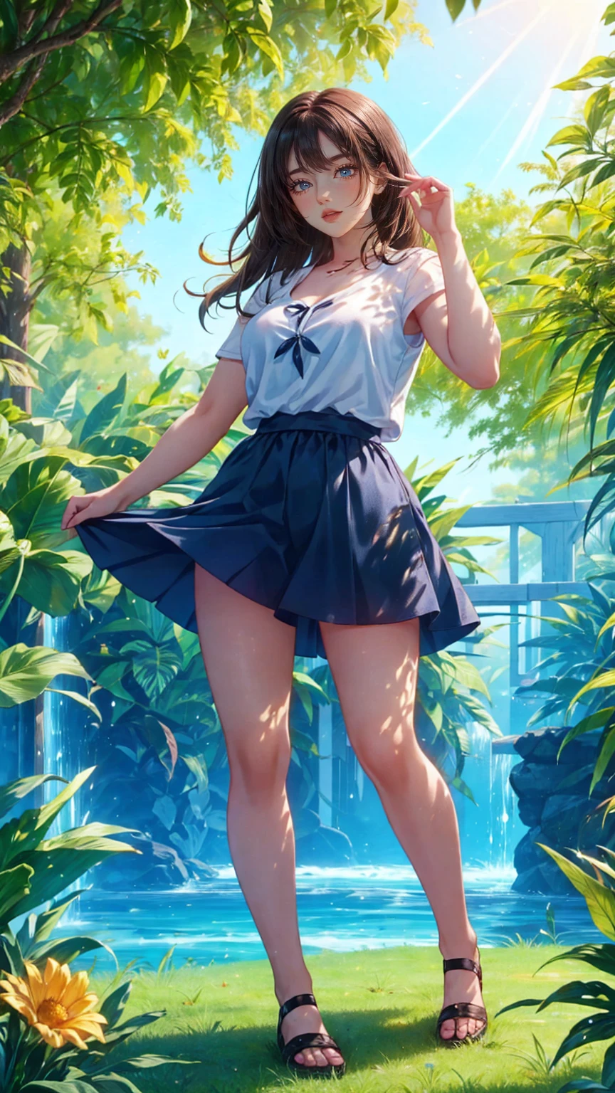 Photo-realistic quality、 A path leading deep into the forest from the front、Jump into the air20Images of old women、Cute and playful poses of idols, Beautiful face with arms and legs, a hyperRealistic , She is dancing. Realistic,Jump pose、looking at the camera、Beautiful Model、Cute Smile、Detailed and beautiful eyes、A soft and gentle look、She is wearing a white top and a mini skirt