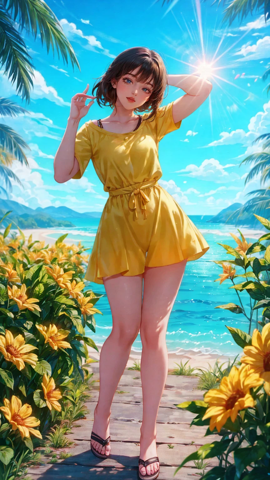 1 girl, (((raised high huge round buttocks))), Wide A sunflower field in full bloom,Back view of a woman in Translucent white thong (underwear),long shot,wide view, commercial photography,award-winning photograph,(photorealistic),unity 8k wallpaper,(ultra detailed:1.3),(light_on_face:1.4),CanonEOS 5D MarkIV DSLR