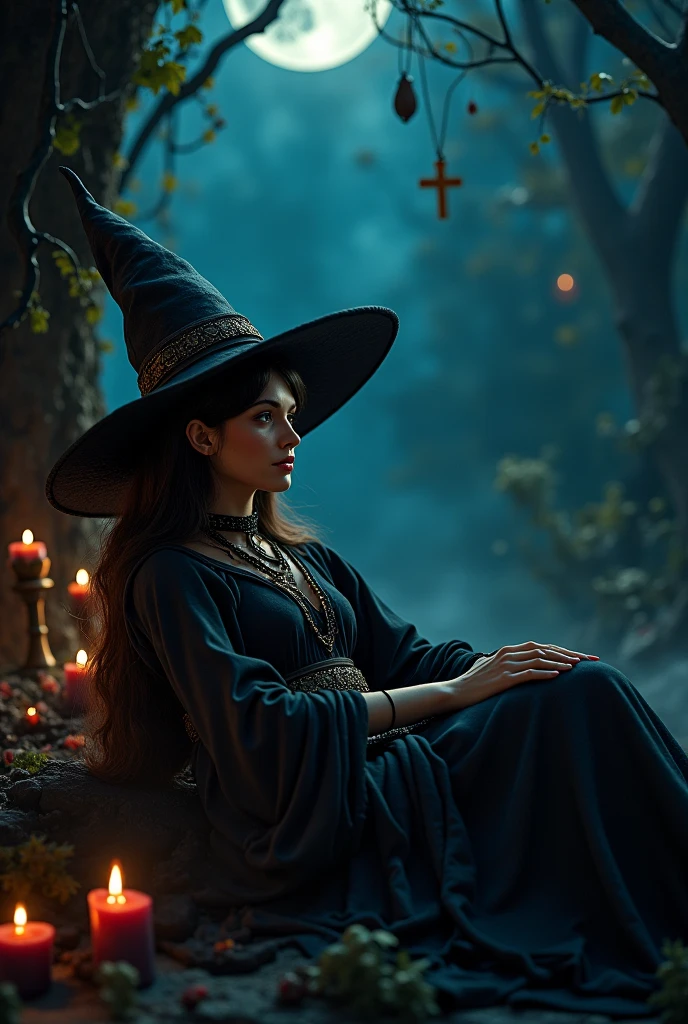 (best quality, highres:1.2),ultra-detailed,(realistic:1.37),portrait,anime,dark atmosphere,witch girl,detailed eyes,smoky background,moonlit night,elegant dress,flowing hair,wand,magical book,enchanted forest,bewitching smile,witch hat,glowing eyes,creepy yet beautiful,casting a spell,mysterious aura,raven companion,sorceress,moonlight shadows,spellbinding artwork,spellbound viewers,ethereal beauty,gothic style,nighttime enchantment,dark magic,fantasy element,vibrant colors,moonlit garden,mystical charm,witchcraft,casting magic,enchanted evening,alluring presence.