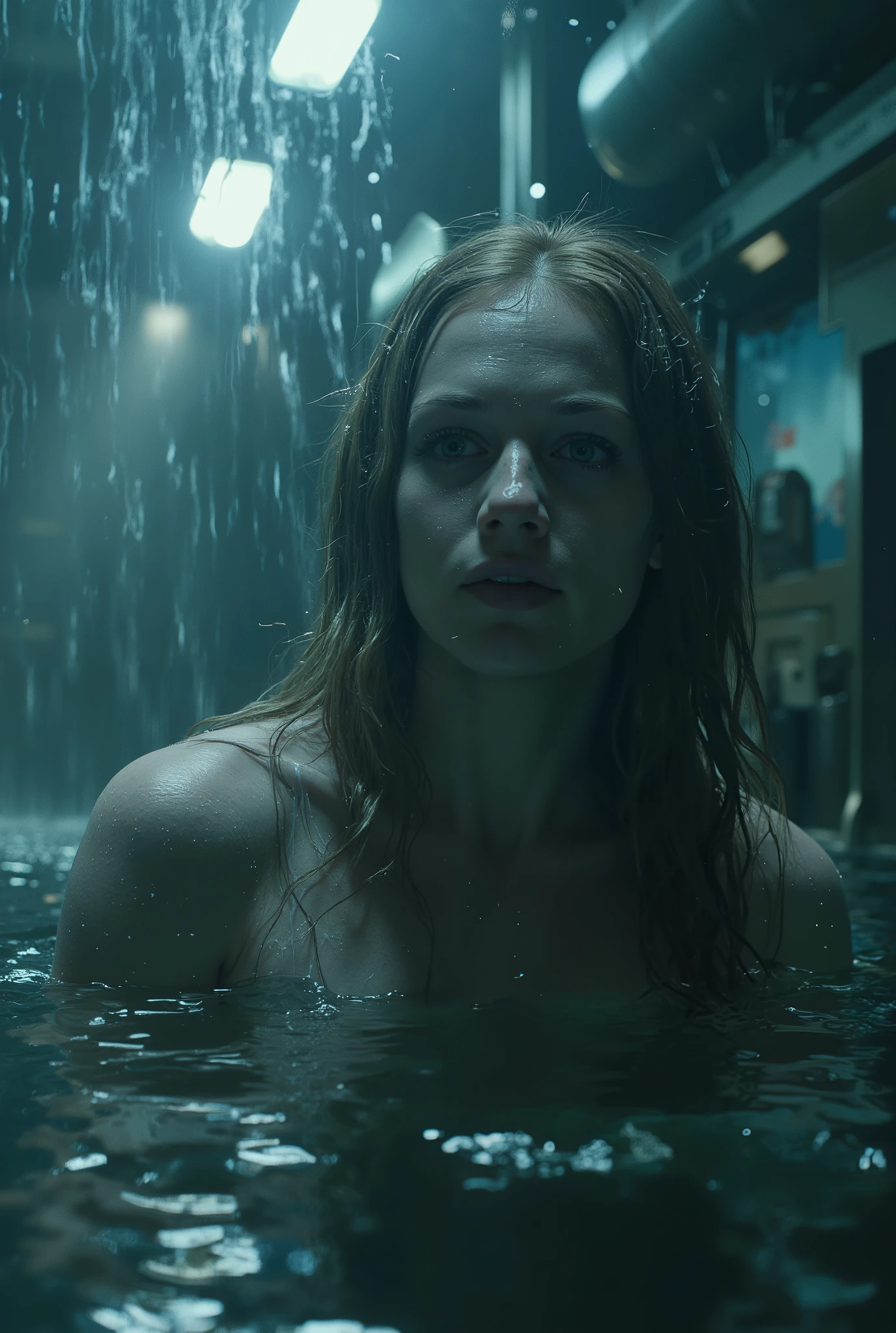 A cinematic film still of a breathtakingly beautiful ginger-haired woman, partially submerged in hip-deep water within a (dystopian mega city's dark space station). She wears a long wet white off-shoulder oversized loose sleeve shirt, its thin wet fabric clings to her body, stretched over her nipples. Her long eyelashes frame her green eyes. She looks to the side, alert to some danger heard in the room. Water laps at her bare shoulders as she floats in the darkness, surrounded by atmospheric haze and film grain. The camera captures pale white skin, and natural imperfections in a shallow depth of field. torn shirt, wet skin, wet hair, aidmaNSWFunlock, DRK, mystical, mysterious atmosphere, soft glow, hi tech, dense industrial hi-tech background, backlit,