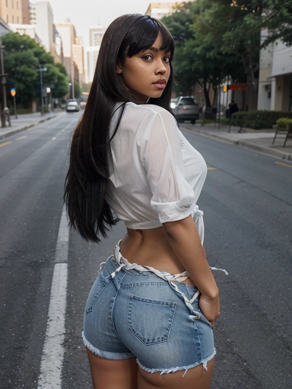 ((realistic lighting)), Best quality, 8k, ((Masterpiece: 1.3)), Spotlight: 1.2, (White trim: 1.4), (Outdoor, Night: 1.1), City streets at night, lights neon, (side shots), Profile photos, Denim micro skirt, denim jacket and black bra, Earrings, bracelet, necklace, Chester's elegant features, Bikini model Perfect body features, Sexy features, Causal