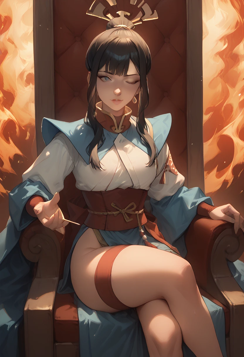 masterpiece, Highest quality, High resolution, Kasumi, dead_Gold_alive、Blue kimono 、Knee-high socks、Long gloves、Dark Church、Sitting in a chair and being restrained、Wriggle your body、Your clothes are torn