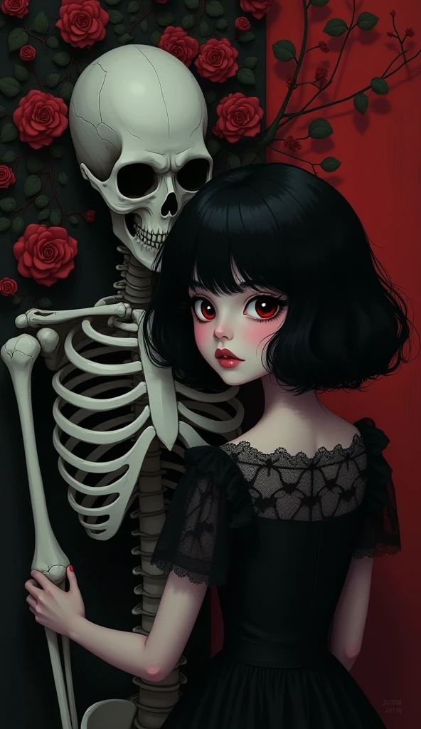 Image of a love-eyed skeleton couple together on a beach with birds and red flowers hand in hand emo rap style