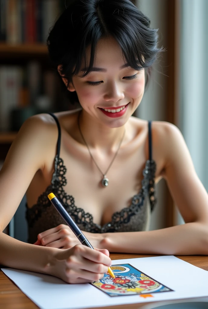masterpiece, top quality, young woman, smiling, sleeveless shirt, mini skirt, (photorealistic: 1), at the desk, studying, short hair